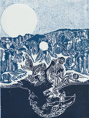 Vertiges, linogravure bleue, copyright Alice Verstraeten 2025